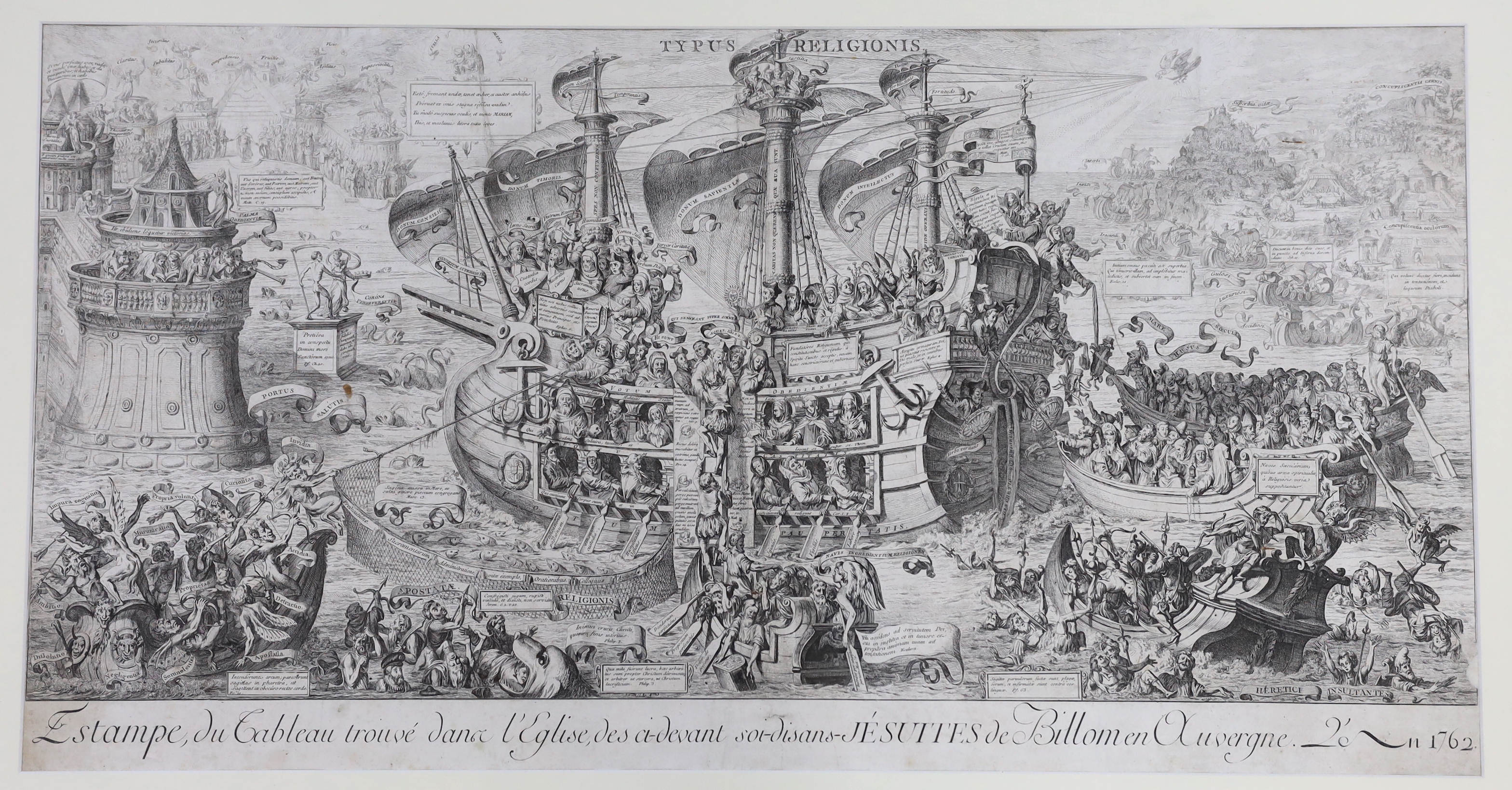 Jean Michel Moreau (1741-1814), engraving, 'Estampe, du tableau trouvé dans l’eglise, des ci-devant soi-disans-Jésuites de Billom en Auvergne, l’an 1762’, allegory on the True Faith shown as a galleon, 42 x 80cm